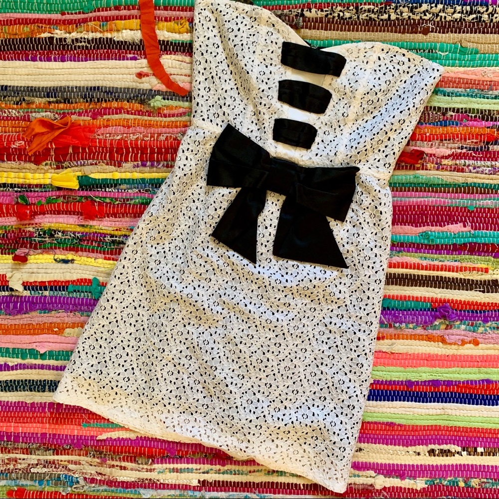 Judith March White Lace Black Front Bow Dress